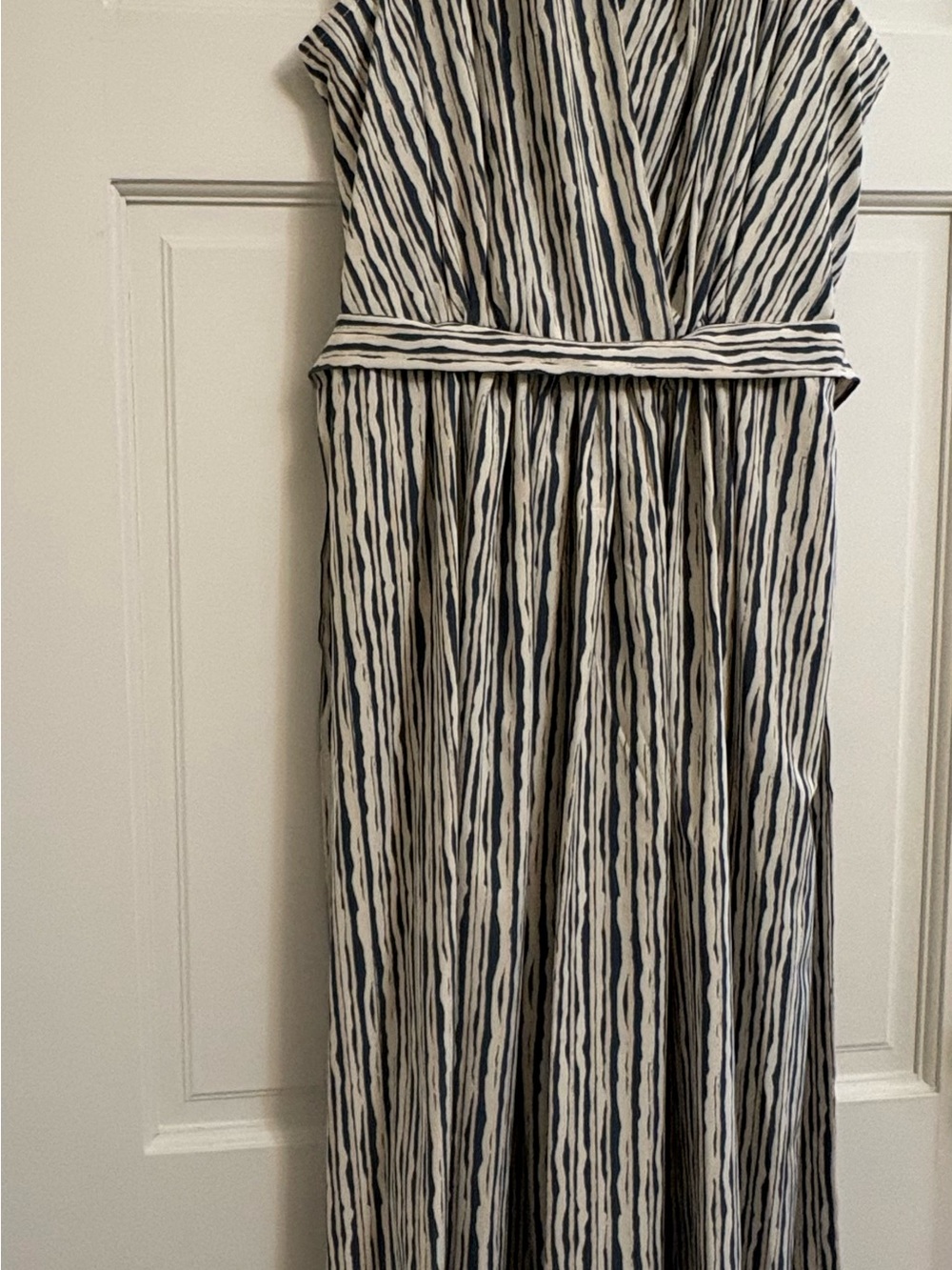 Calvin Klein Navy & White Striped Surplice Midi Dress